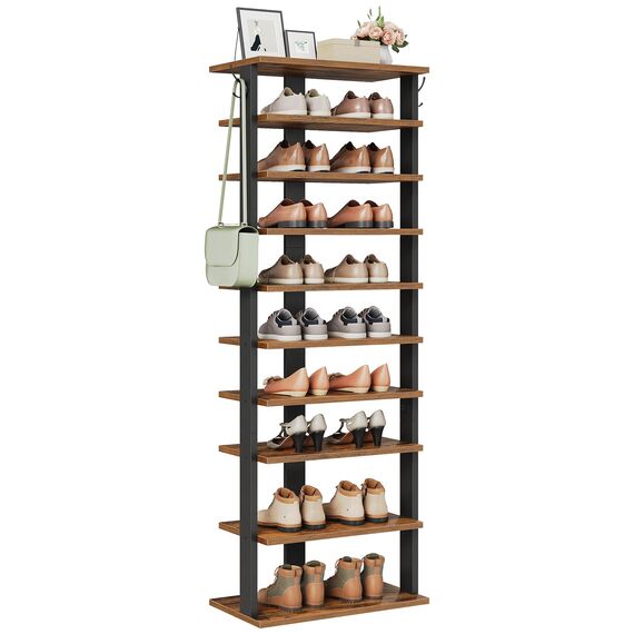HOOBRO 10-lagiges Schuhregal, schmales Schuhablage, 50 cm Schuhschrank mit 2 Haken, Ablagegestelle, Stabil, für Eingang, Wohnzimmer, Schlafzimmer, Rustikales Braun EFG140XJ01