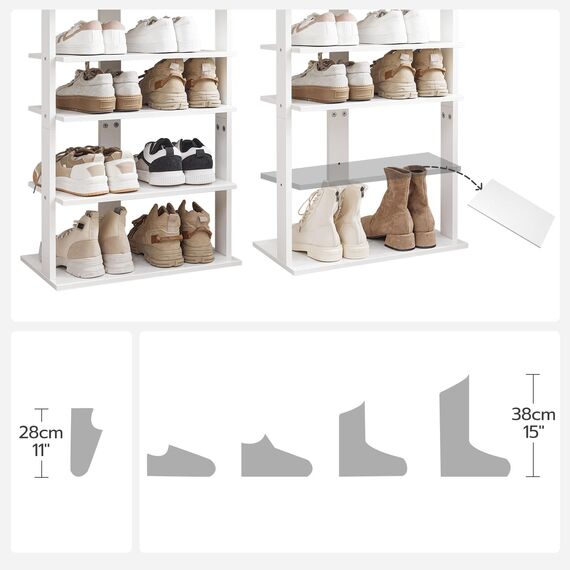 HOOBRO 8-lagiges Schuhregal, schmales Schuhablage, 50 cm Schuhschrank mit 2 Haken, Ablagegestelle, platzsparend, Eingang, Wohnzimmer, Weiß EWT750XJ01