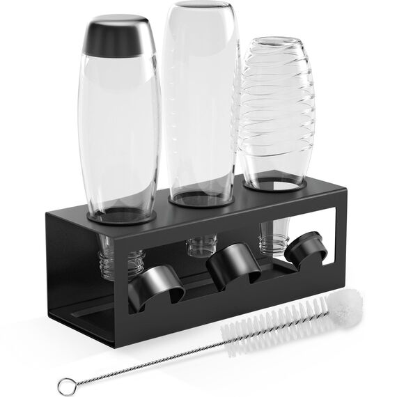 HOMMAND Flaschenhalter für SodaStream Crystal und Emil Flaschen, Edelstahl Flaschenhalter Abtropfgestell Abtropfständer für 3 Flaschen, mit Silikonschutzringe Abtropfschale und Deckelhalter Schwarz