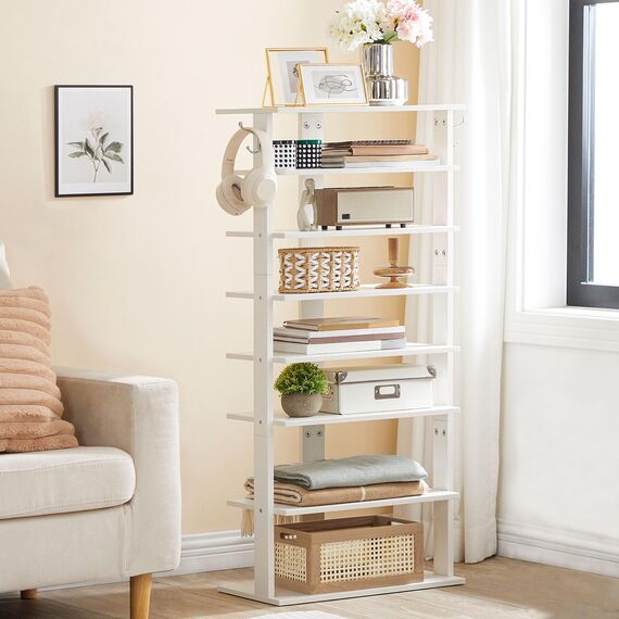 HOOBRO 8-lagiges Schuhregal, schmales Schuhablage, 50 cm Schuhschrank mit 2 Haken, Ablagegestelle, platzsparend, Eingang, Wohnzimmer, Weiß EWT750XJ01