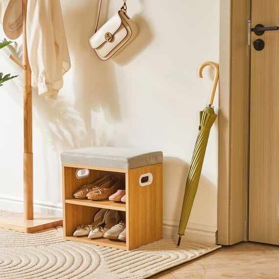 YMYNY Schuh Aufbewahrungsbank mit Sitzkissen, 2-Tier Schuh Rack mit gepolstertem Sitz, justierbarer Schuh Organizer Schrank für Eingang, Wohnzimmer, Flur, Schrank, 42H*39L*28Wcm, Natürlich, HBD028N