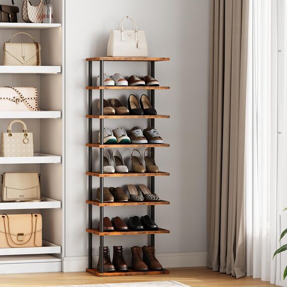 HOOBRO Vertikales Schuhregal, 8-lagiges Schuhregal, schmales Schuhablage, Schuhschrank, Schuhständer, Verdrehstruktur, für Eingang, Flur, Wohnzimmer, Schlafzimmer, Vintagebraun und Schwarz EBF488XJ01
