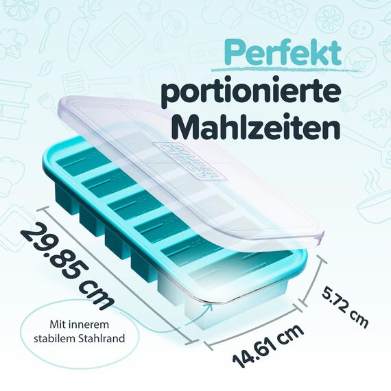 Souper Cubes Silikonform für 2 Tassen mit Deckel – einfache Mahlzeiten-Vorbereitungsbehälter und Küchenaufbewahrungslösung – Silikonform für Suppe und Lebensmittelaufbewahrung – Aqua – 1 Stück