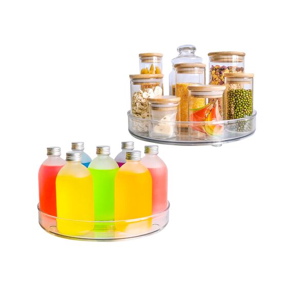 Roninkier Drehteller Organizer Lazy-Susan Gewürzregal - 2 Stück Drehteller Kühlschrank Küche Gewürzhalter für Vorratsdosen und Gewürze, durchsichtig, 27 cm
