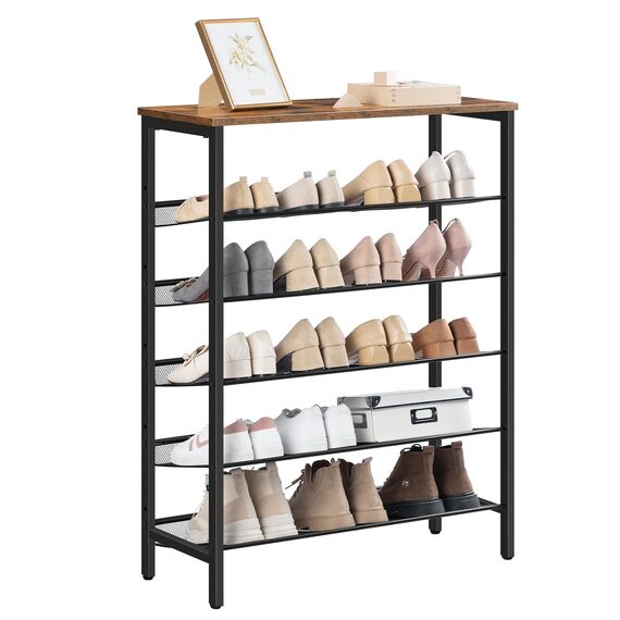 HOOBRO Schuhregal, 6-lagiges Schuhschrank, Verstellbares Schuhablage, Flach und Neigbar, für 18-24 Paar Schuhe, Stabil, Eingang, Korridor, Industrie, vintagebraun-schwarz EBF16XJ01