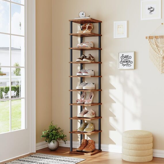 HOOBRO Schuhregal, 10-lagiges Eckschuhregal, schmales Schuhablage, Schuhschrank, Schuhständer, Flur, Schlafzimmer, Dunkelbraun-Schwarz EBF32XJ01