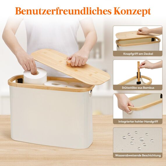 Lifewit Toilettenpapier Aufbewahrungskorb, Bambus Badezimmer Organizer, Klopapier Aufbewahrungsschrank für Enge Räume, Toilet Paper Behälter mit Deckel, 23L，Weiß