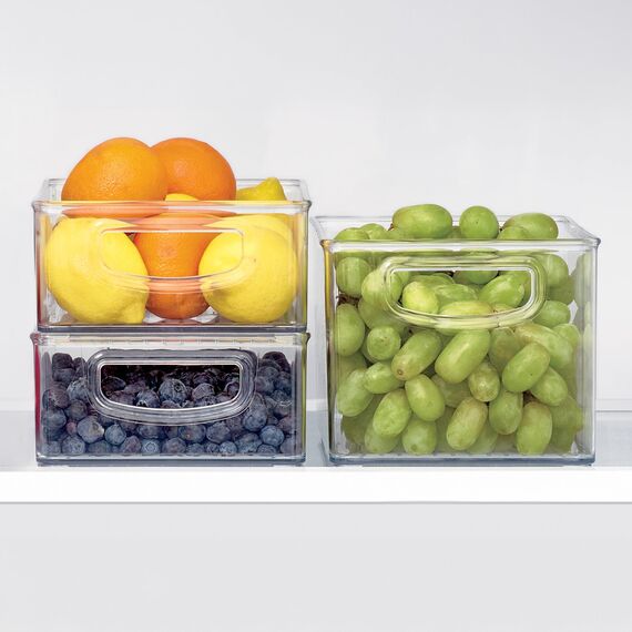 iDesign Aufbewahrungsbehälter aus Kunststoff mit Griffen für Küche, Kühlschrank, Gefrierschrank, Speisekammer und Schrank Bin Set farblos