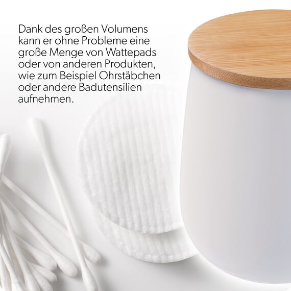 KADAX Kosmetikdose, Aufbewahrungsdose aus Keramik, Wattedose mit Deckel aus Bambus, Wattepadhalter, Vorratsdose, Wattebehälter, Universaldose für Badezimmer, Wattepads, rund (weiß)