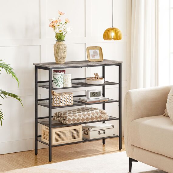 HOOBRO Schuhregal, 5-stöckiges Schuhablage, Schuhschrank, verstellbares Metallgitterregal, Geräumige Oberseite, für 16-20 Paar Schuhe, Eingang, Korridor, Industrie, Greige-Schwarz EBG12XJ01