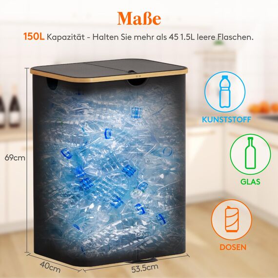 Lifewit 150L Pfandflaschen Sammelbehälter 2 fächer mit Deckel, Groß Pfandflaschen Behälter 2 Tragetasche für ErhaltenFlaschensammler eignet Sich für Küche, Küche Abstellraum Flaschentasche, Schwarz