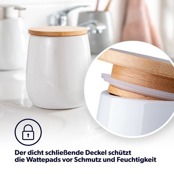 KADAX Kosmetikdose, Aufbewahrungsdose aus Keramik, Wattedose mit Deckel aus Bambus, Wattepadhalter, Vorratsdose, Wattebehälter, Universaldose für Badezimmer, Wattepads, rund (weiß)