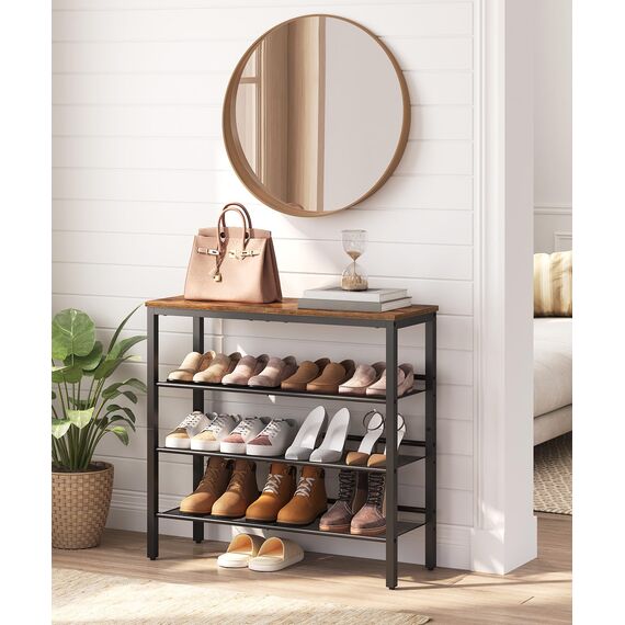 HOOBRO Schuhregal, 4 Schuhablage, Schuhschrank, verstellbares Metallgitterregal, Geräumige Oberseite, für 12-15 Paar Schuhe, Eingang, Korridor, Industrie, vintagebraun-schwarz EBF42XJ01