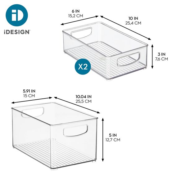 iDesign Aufbewahrungsbehälter aus Kunststoff mit Griffen für Küche, Kühlschrank, Gefrierschrank, Speisekammer und Schrank Bin Set farblos