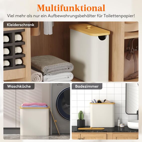 Lifewit Toilettenpapier Aufbewahrungskorb, Bambus Badezimmer Organizer, Klopapier Aufbewahrungsschrank für Enge Räume, Toilet Paper Behälter mit Deckel, 23L，Weiß