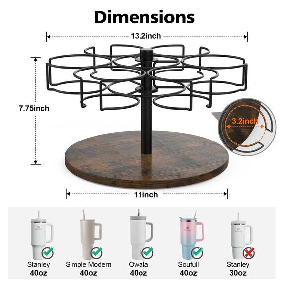 Kssiaz Stanley Cup Flaschenregal, Flaschen Organizer Schrank für Stanley WATERSY PRAOAHEI Hrobig 40oz, Drehbares Flaschen Organizer, 6 Ringe, Küchen Organizer Schrank, Vintage Braun