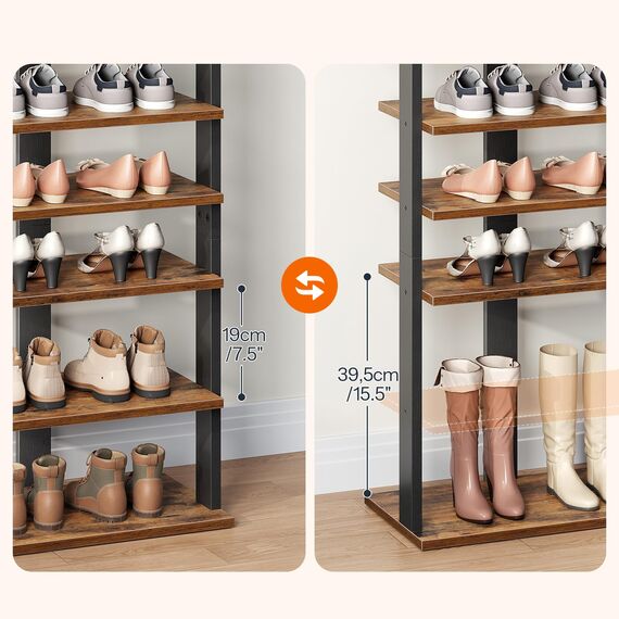 HOOBRO 10-lagiges Schuhregal, schmales Schuhablage, 50 cm Schuhschrank mit 2 Haken, Ablagegestelle, Stabil, für Eingang, Wohnzimmer, Schlafzimmer, Rustikales Braun EFG140XJ01