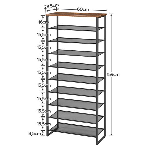 HOOBRO Schuhregal mit 10 Ebenen, Schuhschrank hoch, 60cm Schuhablage schmal, Schuhaufbewahrung, für 22-30 Paar Schuhe, Platz sparen, für Flur, Wohnzimmer, Vintagebraun-Schwarz EBF601XJ01