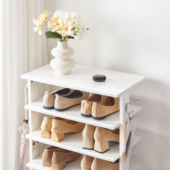 HOOBRO 8-lagiges Schuhregal, schmales Schuhablage, 50 cm Schuhschrank mit 2 Haken, Ablagegestelle, platzsparend, Eingang, Wohnzimmer, Weiß EWT750XJ01