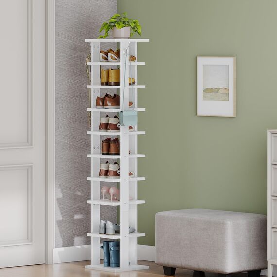 HOOBRO Schuhregal, Standregal, 10-stöckiger Schuhorganisator, schmales Schuhablage, mit Haken, geeignet für Flur, Schlafzimmer, platzsparend, Vintagebraun, Weiß EWT141XJ01