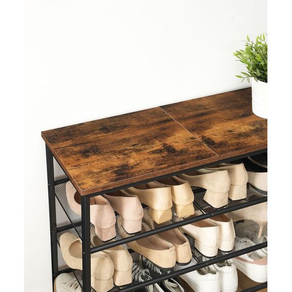 HOOBRO Schuhregal, 4 Schuhablage, Schuhschrank, verstellbares Metallgitterregal, Geräumige Oberseite, für 12-15 Paar Schuhe, Eingang, Korridor, Industrie, vintagebraun-schwarz EBF42XJ01