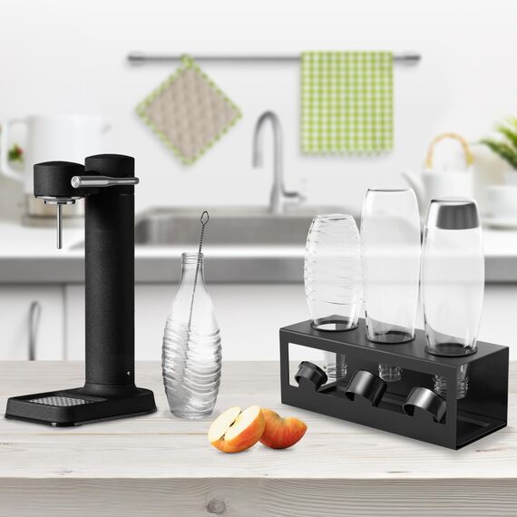 HOMMAND Flaschenhalter für SodaStream Crystal und Emil Flaschen, Edelstahl Flaschenhalter Abtropfgestell Abtropfständer für 3 Flaschen, mit Silikonschutzringe Abtropfschale und Deckelhalter Schwarz