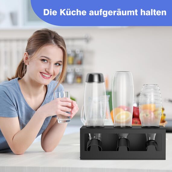 HOMMAND Flaschenhalter für SodaStream Crystal und Emil Flaschen, Edelstahl Flaschenhalter Abtropfgestell Abtropfständer für 3 Flaschen, mit Silikonschutzringe Abtropfschale und Deckelhalter Schwarz