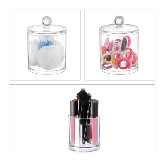 Relaxdays Acryl Organizer im 3er Set, Wattestäbchen Aufbewahrung, Wattepadhalter, mit Deckel, Pflegeleicht, transparent