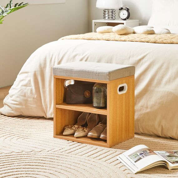 YMYNY Schuh Aufbewahrungsbank mit Sitzkissen, 2-Tier Schuh Rack mit gepolstertem Sitz, justierbarer Schuh Organizer Schrank für Eingang, Wohnzimmer, Flur, Schrank, 42H*39L*28Wcm, Natürlich, HBD028N