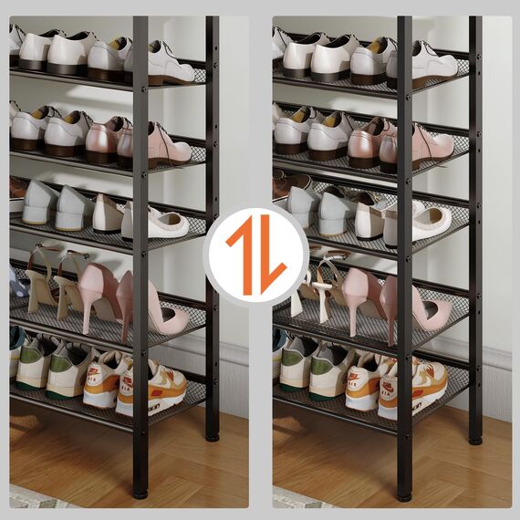 HOOBRO Schuhregal, 6-stöckiges Schuhablage, Schuhschrank, verstellbares Metallgitterregal, Geräumige Oberseite, für 20-24 Paar, Eingang, Korridor, Industrie, Vintagebraun-Schwarz EBF60XJ01