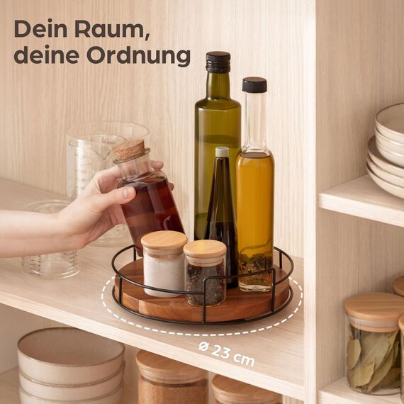 Praknu Lazy Susan Drehteller Holz 23 cm - Geräuschlos und Stabil - Nachhaltiges FSC® Premium Akazienholz - Organizer mit Rutschfester Basis - Gewrüzregal 360° Drehbar