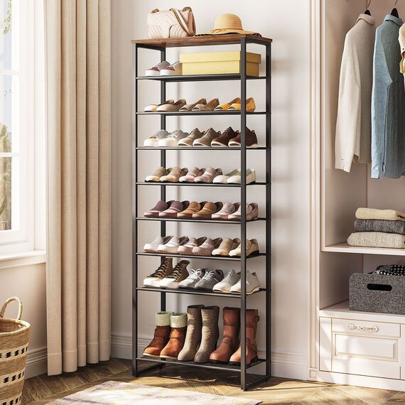HOOBRO Schuhregal mit 10 Ebenen, Schuhschrank hoch, 60cm Schuhablage schmal, Schuhaufbewahrung, für 22-30 Paar Schuhe, Platz sparen, für Flur, Wohnzimmer, Vintagebraun-Schwarz EBF601XJ01
