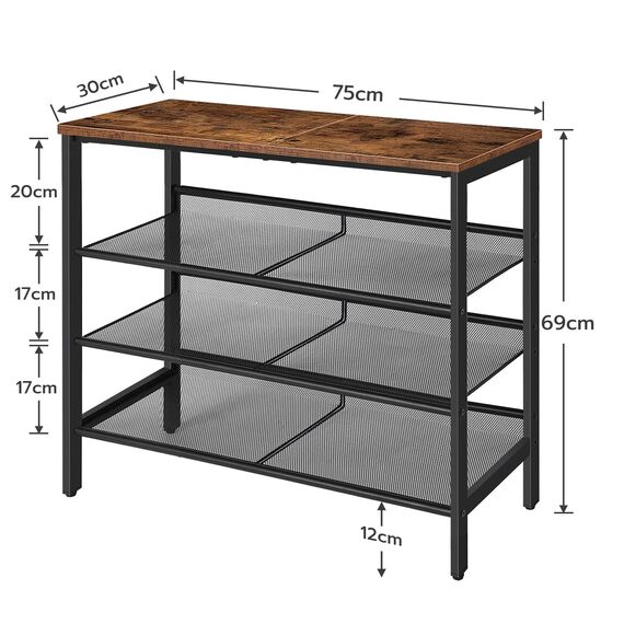 HOOBRO Schuhregal, 4 Schuhablage, Schuhschrank, verstellbares Metallgitterregal, Geräumige Oberseite, für 12-15 Paar Schuhe, Eingang, Korridor, Industrie, vintagebraun-schwarz EBF42XJ01