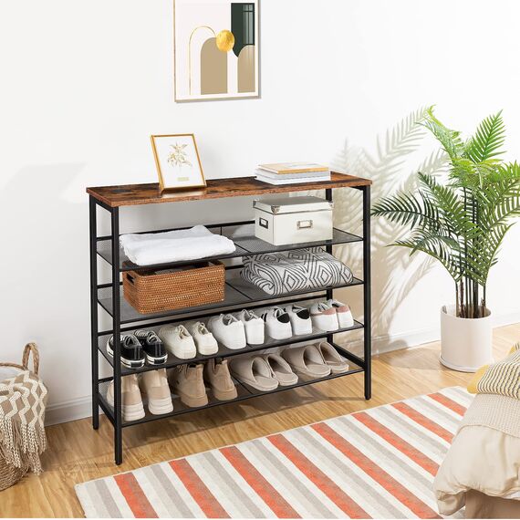 HOOBRO Schuhregal, 5-lagiges Schuhschrank, Verstellbares Schuhablage, Flach und Neigbar, 100 x 30 x 85 cm, Stabil, Metall, Eingang, Korridor, Industrie, vintagebraun-schwarz EBF101XJ01