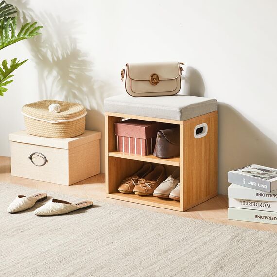 YMYNY Schuh Aufbewahrungsbank mit Sitzkissen, 2-Tier Schuh Rack mit gepolstertem Sitz, justierbarer Schuh Organizer Schrank für Eingang, Wohnzimmer, Flur, Schrank, 42H*39L*28Wcm, Natürlich, HBD028N