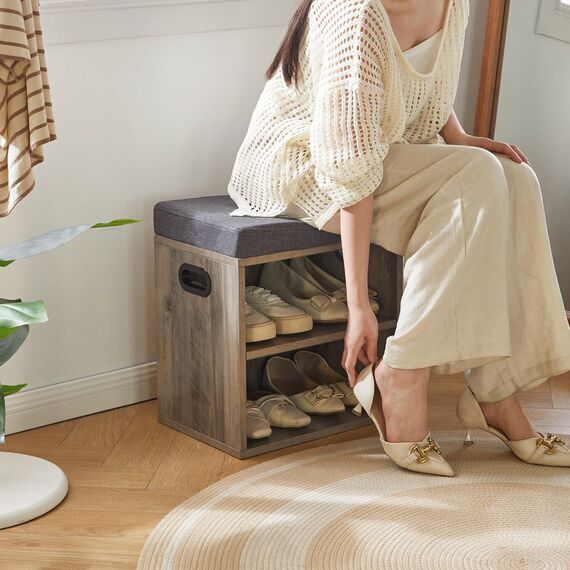 YMYNY Schuhbank mit Sitzfläche, Schuhschrank mit sitzbank, Schuhregal Klein mit Sitzbank, Sitzbank mit Stauraum für Eingang, Flur, Schlafzimmer, 42H*39L*28Wcm, Silber Grau HBD028Y