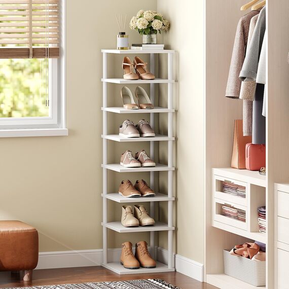 HOOBRO Vertikales Schuhregal, 8-lagiges Schuhregal, schmales Schuhablage, Schuhschrank, Schuhständer, Verdrehstruktur, für Eingang, Flur, Wohnzimmer, Schlafzimmer, Weiß EWW22XJ01