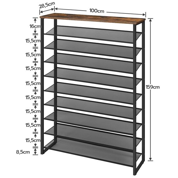 HOOBRO Schuhregal mit 10 Ebenen, 100cm Schuhschrank hoch, Schuhablage schmal, Schuhaufbewahrung, Metall, für 40-50 Paar Schuhe, Platz Sparen, für Flur, Wohnzimmer, Vintagebraun-Schwarz EBF171XJ01