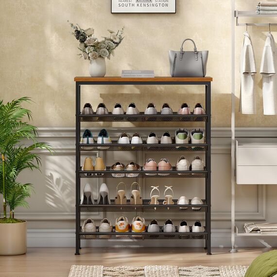 HOOBRO Schuhregal, 6-stöckiges Schuhablage, Schuhschrank, verstellbares Metallgitterregal, Geräumige Oberseite, für 20-24 Paar, Eingang, Korridor, Industrie, Vintagebraun-Schwarz EBF60XJ01