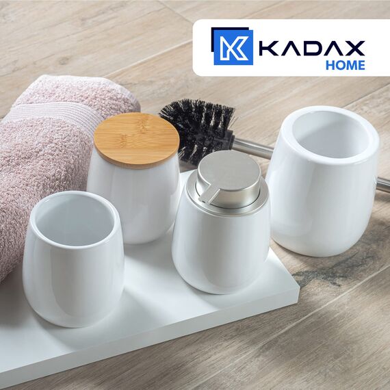 KADAX Kosmetikdose, Aufbewahrungsdose aus Keramik, Wattedose mit Deckel aus Bambus, Wattepadhalter, Vorratsdose, Wattebehälter, Universaldose für Badezimmer, Wattepads, rund (weiß)