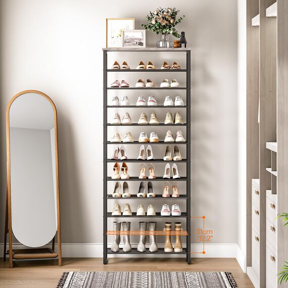 HOOBRO Große Schuhregal, 12-stöckiges Schuhablage, Schuhschrank hoch, für 35-45 Paar Schuhe, Metallrahmen, Industriestil, für Flur, Wohnzimmer, Schlafzimmer, Greige-Schwarz EBG127XJ01