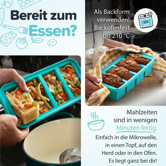 Souper Cubes Silikonform für 2 Tassen mit Deckel – einfache Mahlzeiten-Vorbereitungsbehälter und Küchenaufbewahrungslösung – Silikonform für Suppe und Lebensmittelaufbewahrung – Aqua – 1 Stück