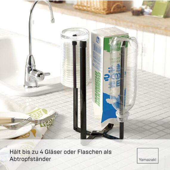 YAMAZAKI Tower Mehrzweckständer für die Küche-Abtropfständer, Flaschenhalter, Bioabfall Behälter, faltbar, Stahl, Acrylharz, Schwarz, 12 x 9,5 x 26,5 cm (LxBxH)