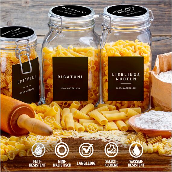 Vorratsetiketten - Küchen XXL Set Schwarz - selbstklebend (288 Stück) - Aufkleber rund minimalistisch - wasserfest