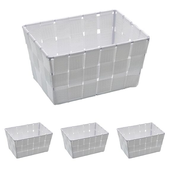 WENKO Aufbewahrungskorb Adria Mini Weiß - Badkorb, rechteckig, Kunststoff-Geflecht, Polypropylen, 19 x 9 x 14 cm, Weiß Mini Long (Packung mit 4)