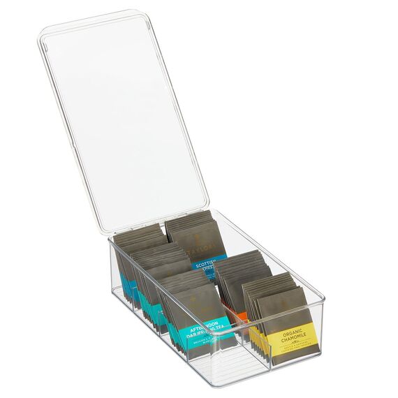 mDesign Küchen Organizer – praktische Teebox mit Deckel für Küche und Speisekammer – Aufbewahrungsbox mit 8 Fächern für Tee, Kaffee, Gewürze und andere Lebensmittel – durchsichtig