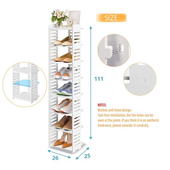 Dripex Schuhregal Schmal Weiß, Verstellbarer, Multifunktional, Standregal Schuhständer für Flur Eingang Garderobe Schlafzimmer, 8 Ablagen