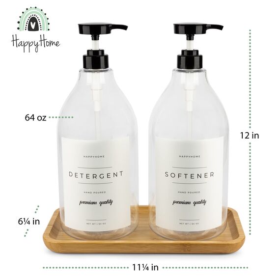 Flüssiger Waschmittelspender für Waschküche – 2 dekorative 1,8 l Behälter mit wasserabweisenden Etiketten – Plus 2 Pumpen und Schraubkappen, Faltbarer Trichter, zusätzliche Etiketten und Bambusschale
