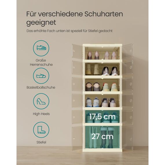 SONGMICS Schuhschrank, Schuhregal schmal, Schuh-Organizer klappbar, durchsichtige Tür, für 12 Paar Schuhe, für Stiefel, Turnschuhe, Flur, Wohnzimmer, 6 Ebenen, cremeweiß LSP912WD01
