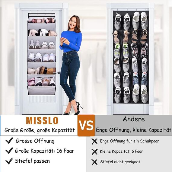 MISSLO 6 Regal Organizer über der Tür für Schuhe mit Tiefen Taschen Hängeorganizer Schuhregal für Schrank und Schlafsaal Tür Hängend 12-Paar Schmaler Türschuhregal, Weiß